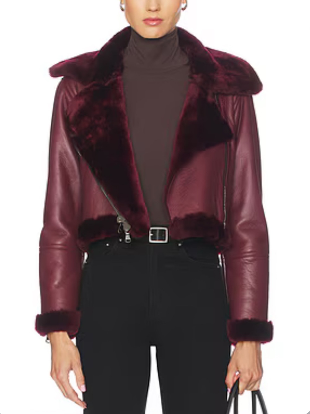 L'AGENCE Burgundy Shearling-Trim Leather Cropped Jacket